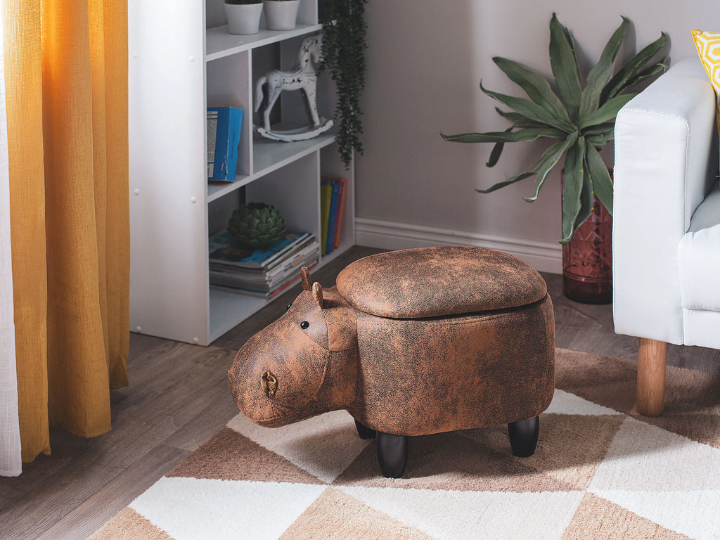  Storage Animal Stool HIPPO Faux Leather Brown Hippo