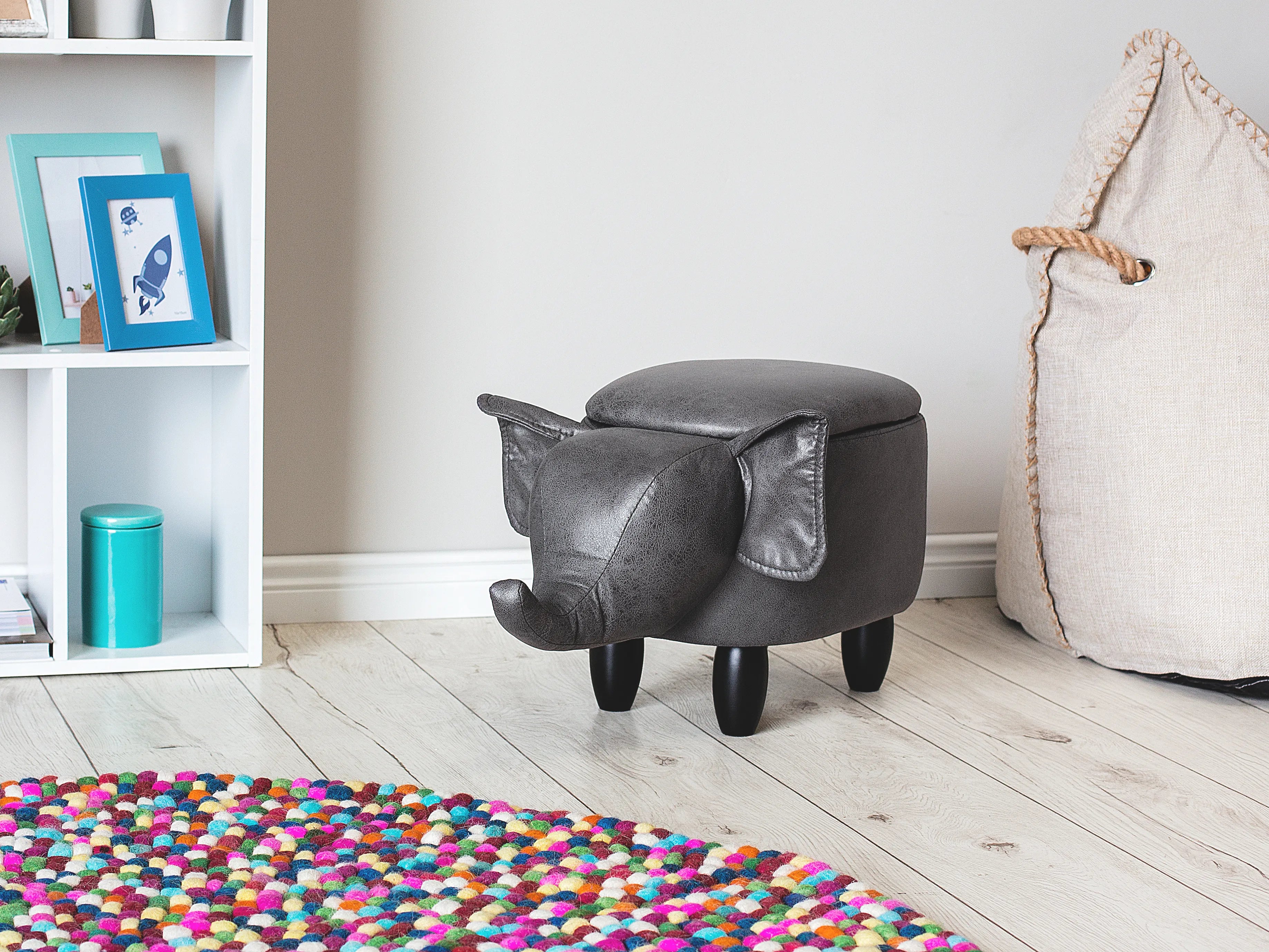 Storage Animal Stool ELEPHANT Faux Leather Dark Grey Elephant
