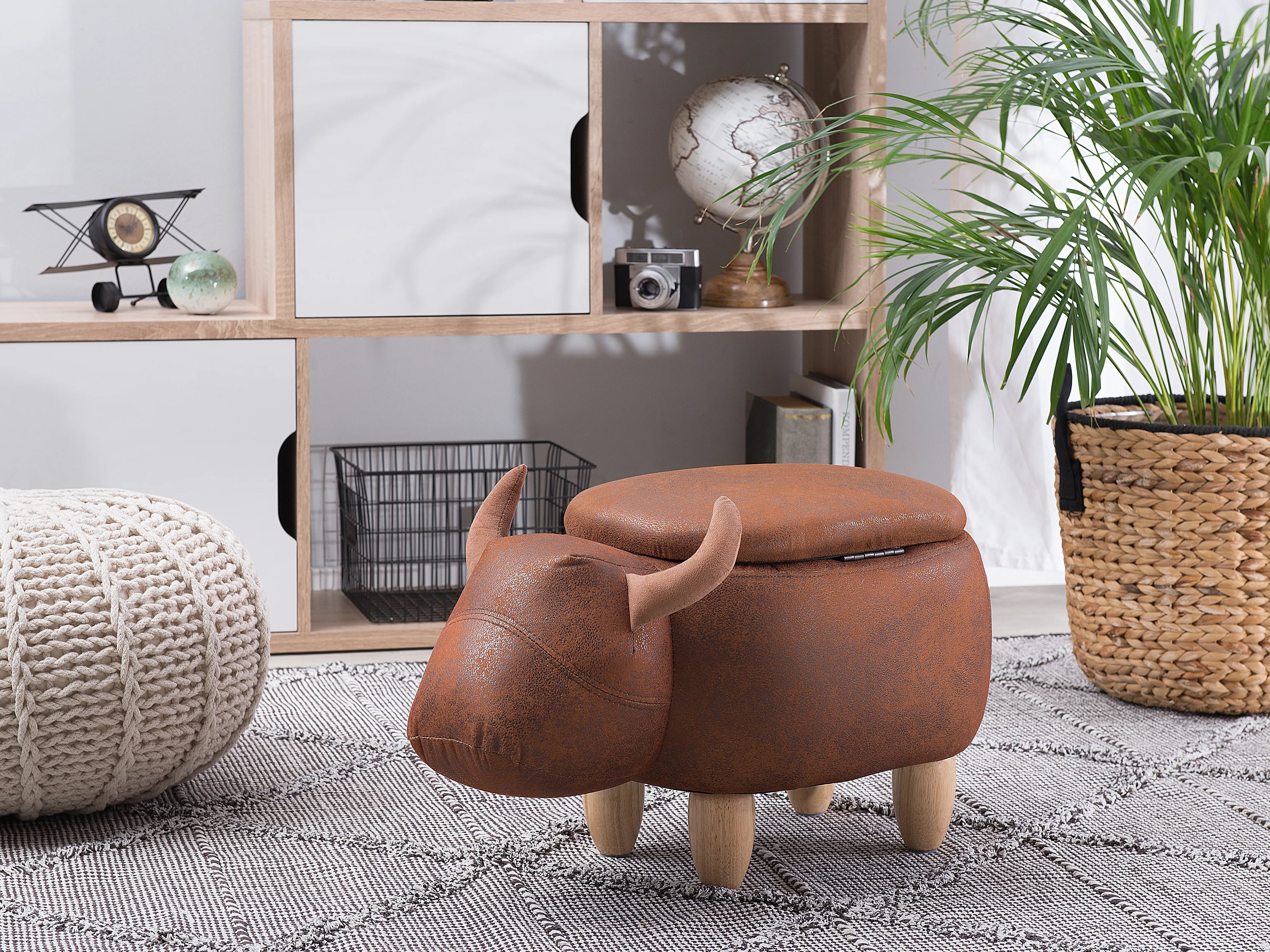  Storage Animal Stool COW Faux Leather Light Brown Cow