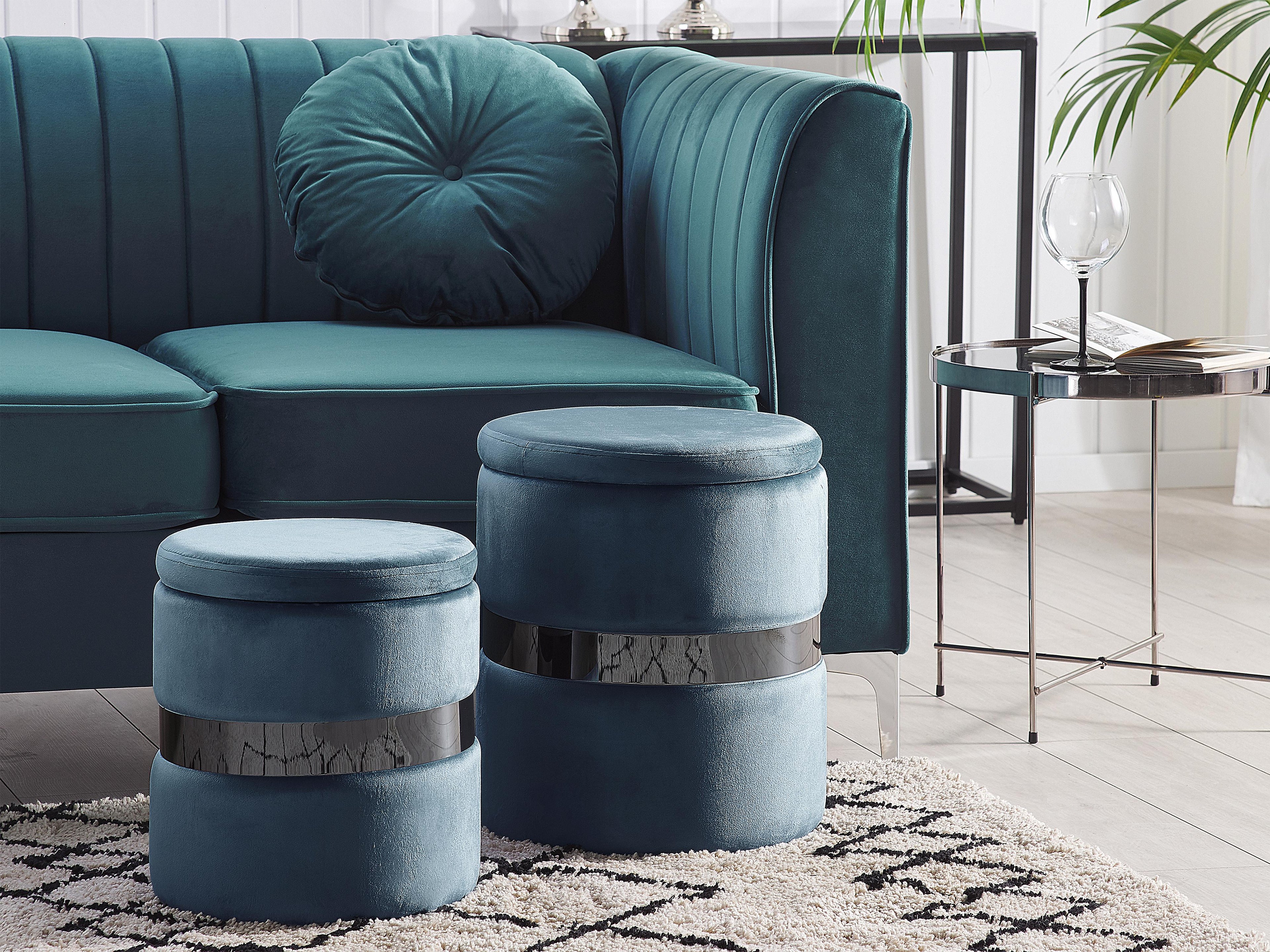  Set Of 2 Storage Pouffes DORIS Velvet Blue