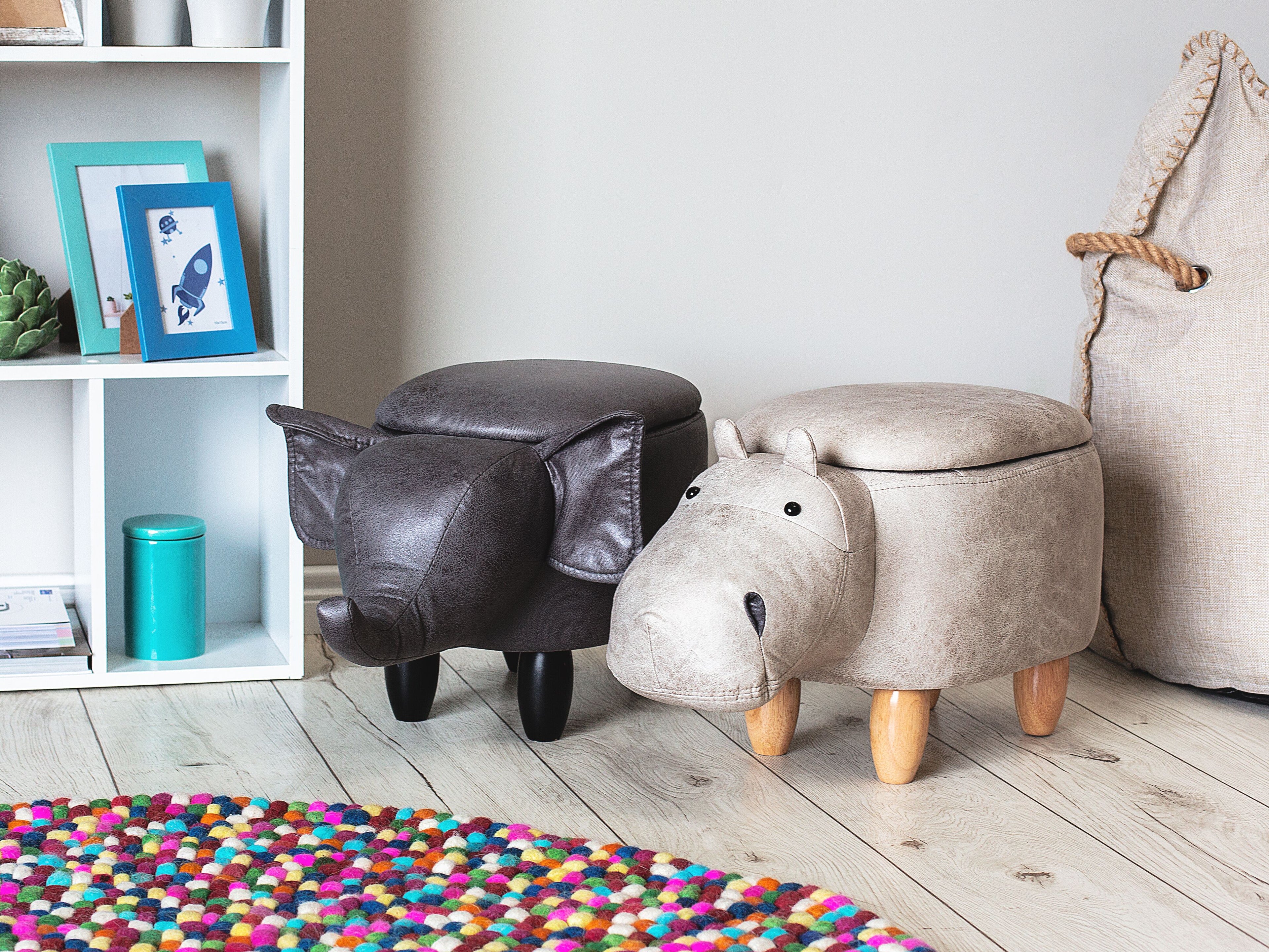  Storage Animal Stool HIPPO Faux Leather Light Grey Hippo