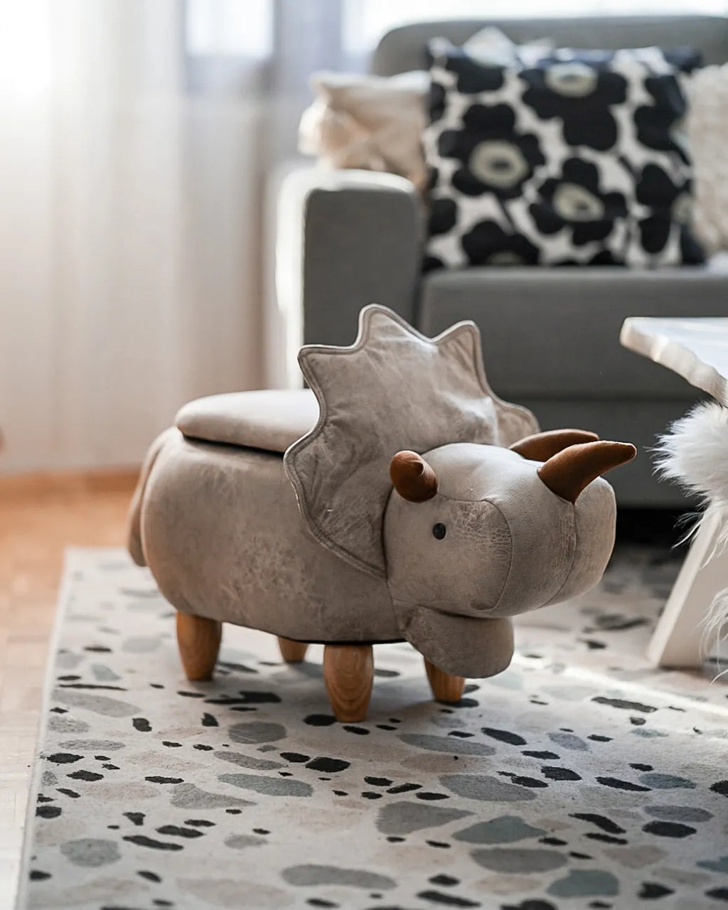  Storage Animal Stool TRICERATOPS Fabric Light Grey Dinosaur