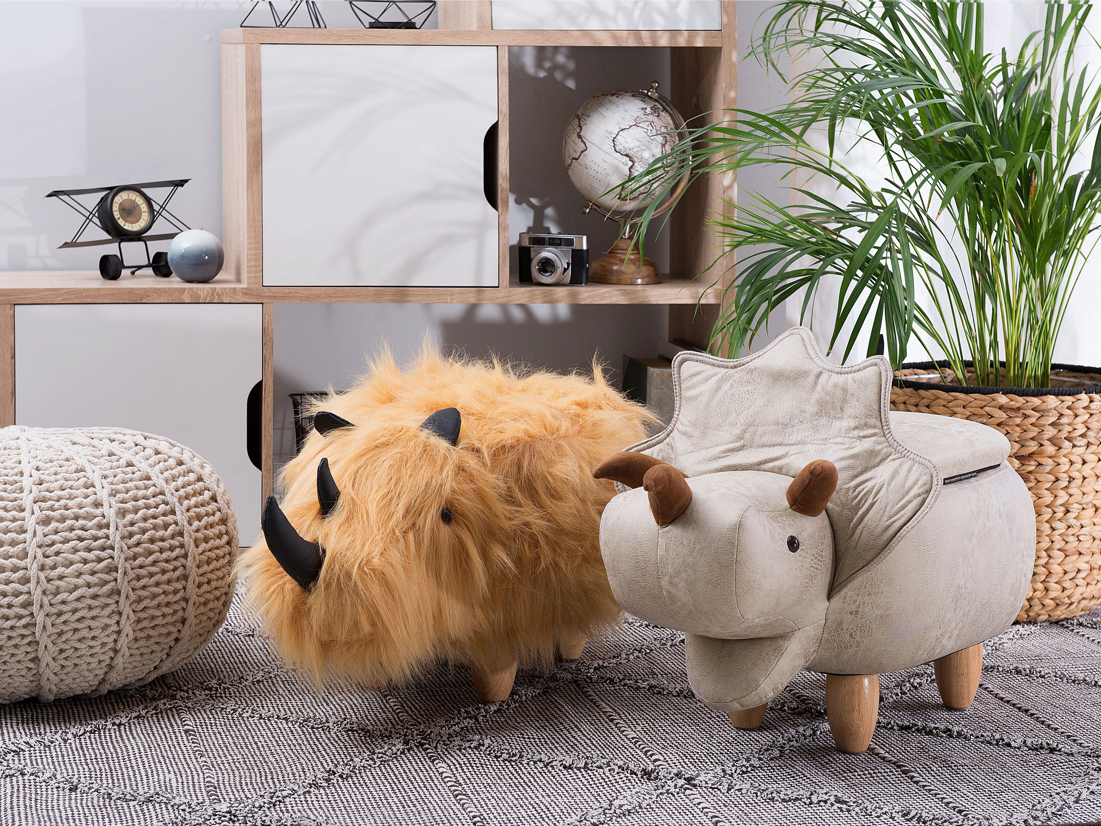  Storage Animal Stool TRICERATOPS Fabric Light Grey Dinosaur