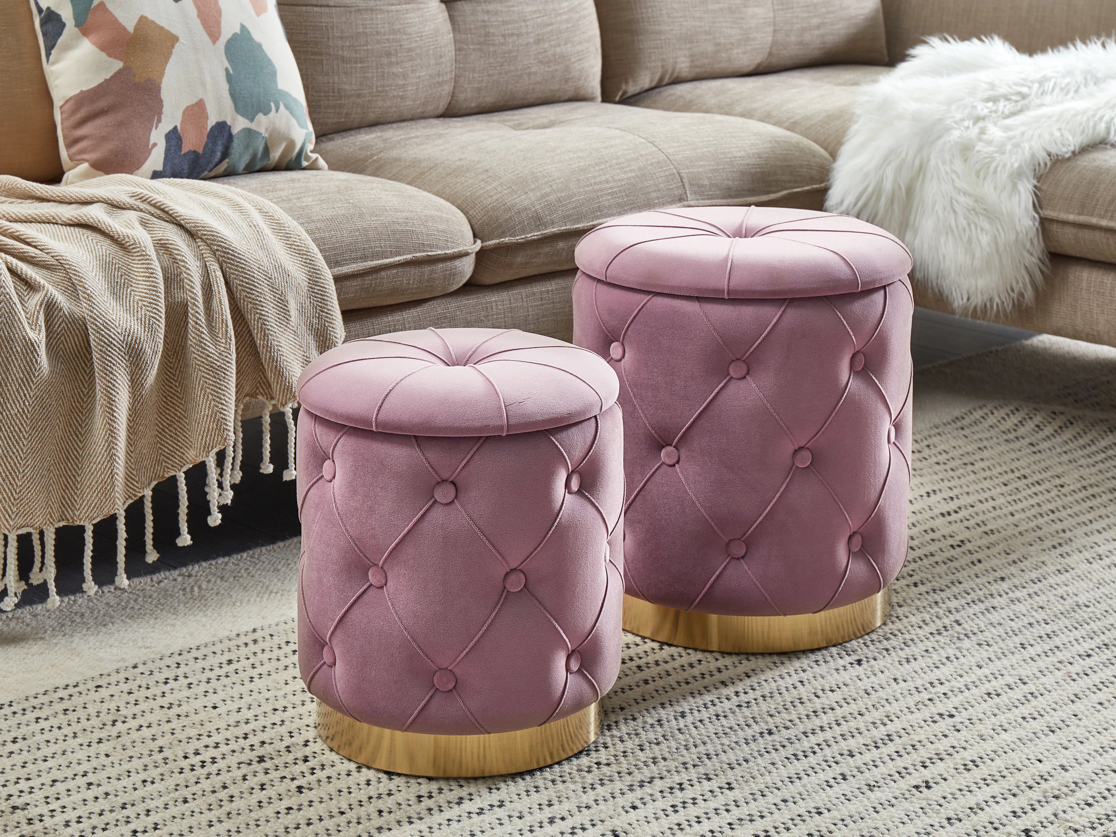  Set Of 2 Storage Pouffes PUEBLO Velvet Pink