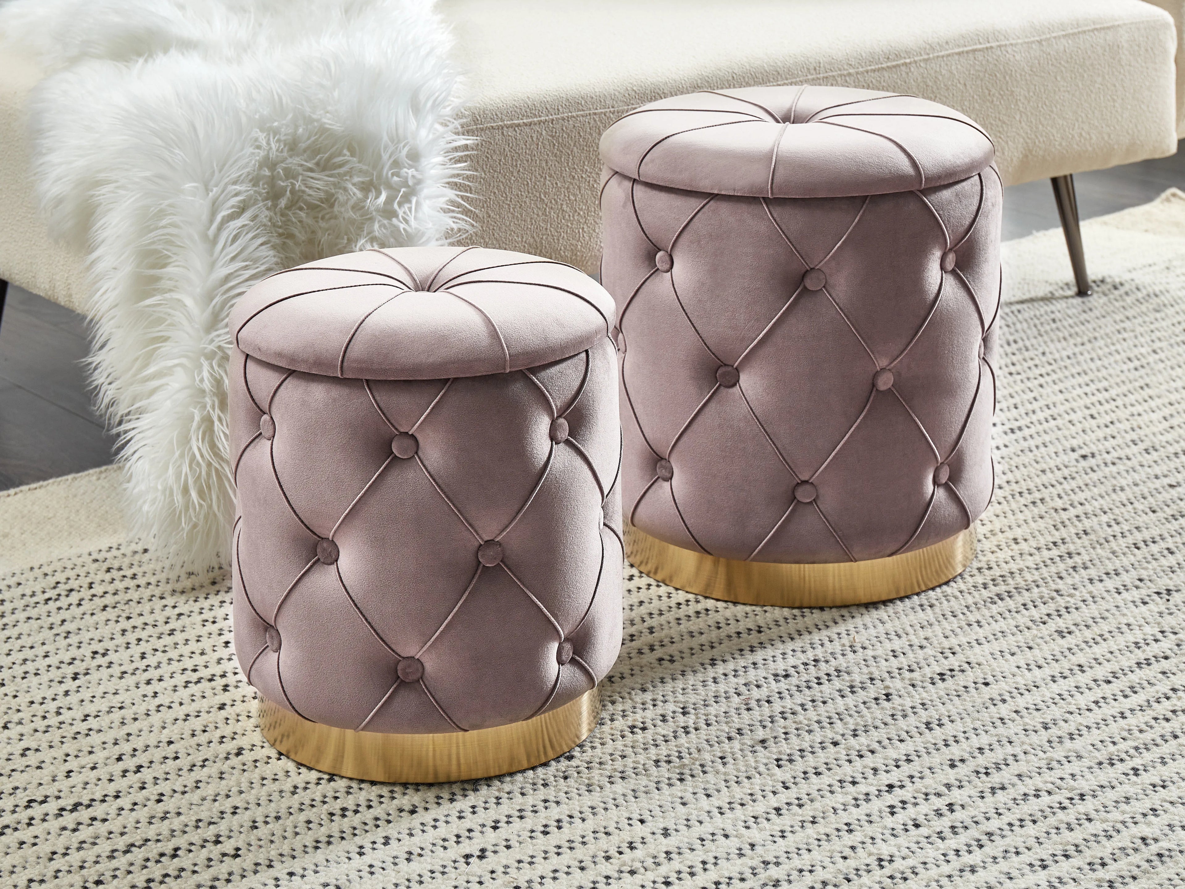  Set Of 2 Storage Pouffes PUEBLO Velvet Taupe