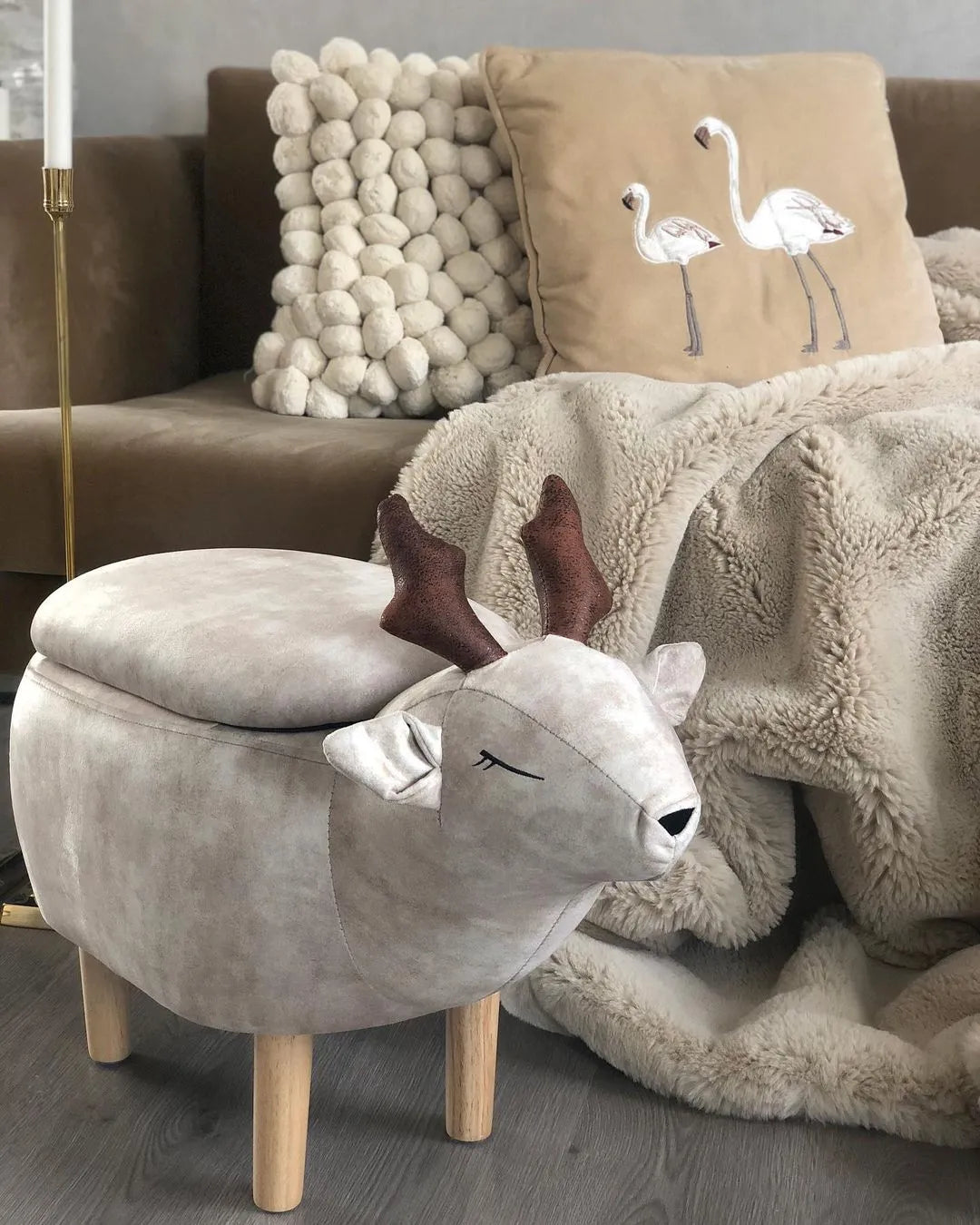  Storage Animal Stool REINDEER Fabric Beige Reindeer