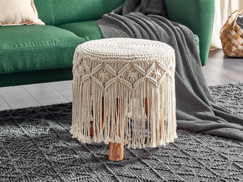  Footstool Macramé NAWABAD Cotton Beige