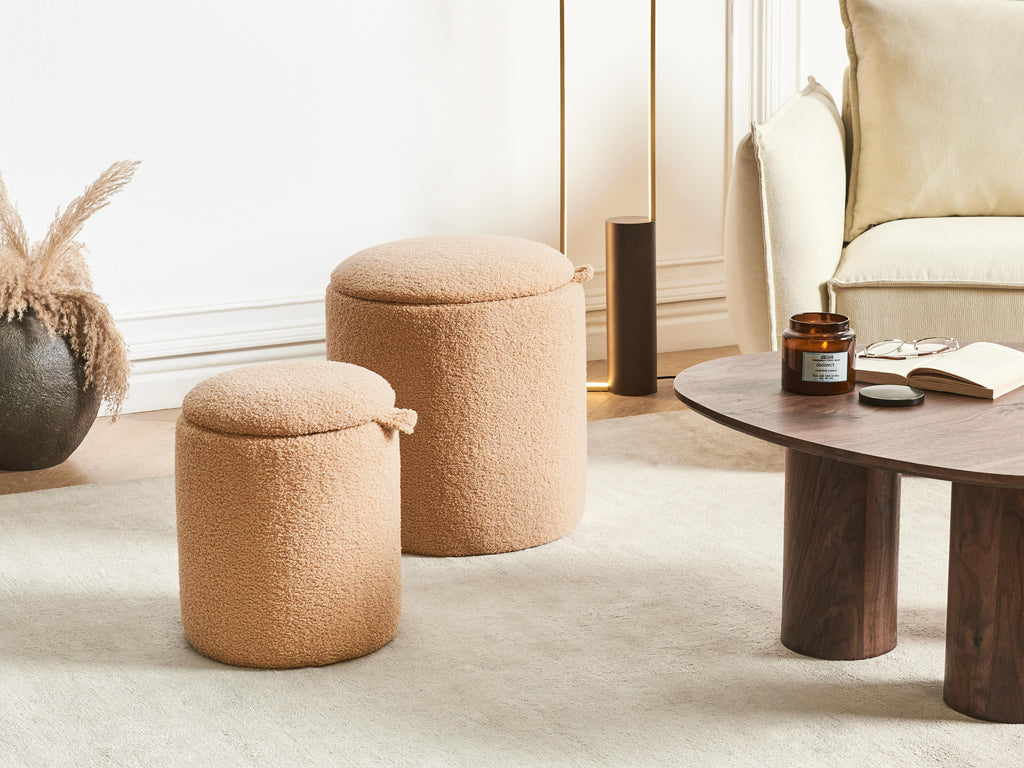  Set Of 2 Storage Pouffes BEREA Boucle Light Brown