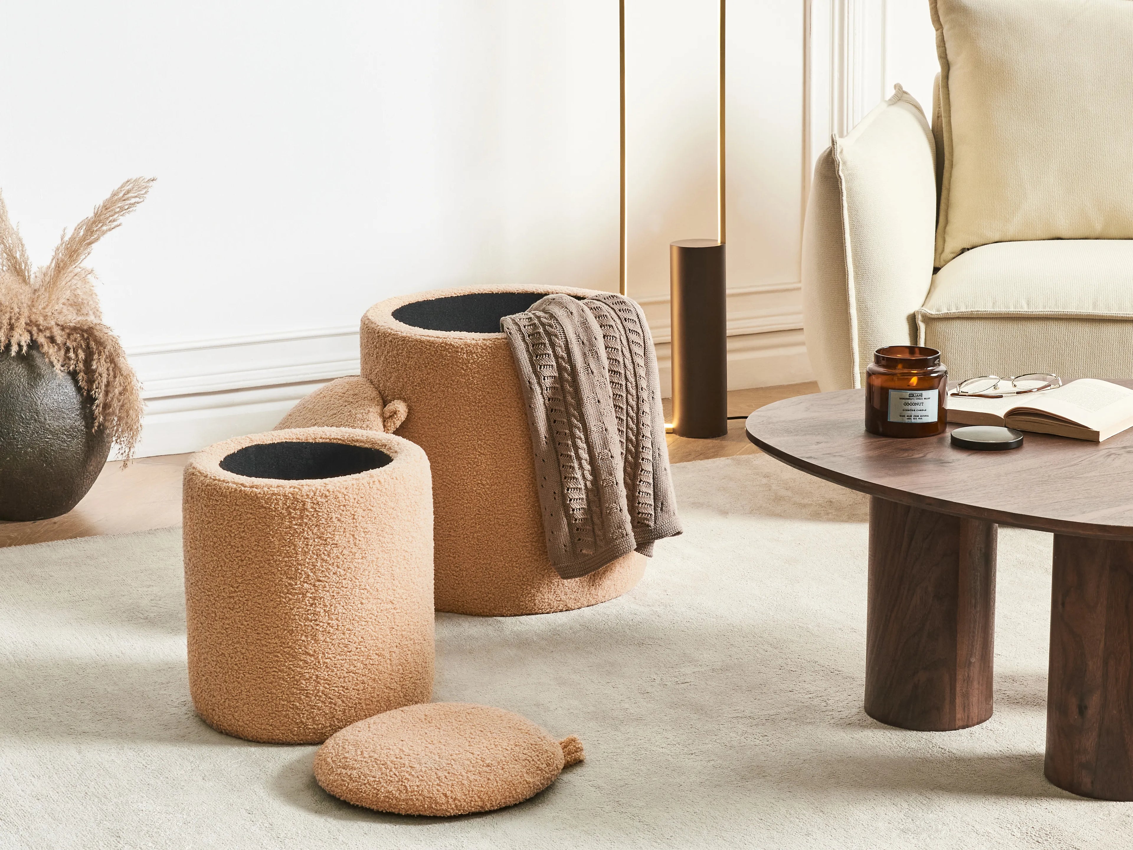 Set Of 2 Storage Pouffes BEREA Boucle Light Brown